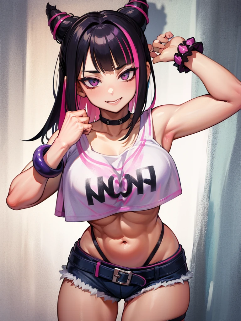 Juri Han,Masterpiece, Best Quality, 1girl, report, crop-top, jean shorts, Choker, (graffiti:1.aint splatter, (Hands Behind Your Back), Against a wall, looking a viewer, A bracelet, thigh strap, Paint on the body, tilt of head, bored, fiery hair color, Rainbow-colored eyes,juri han,sorriso
