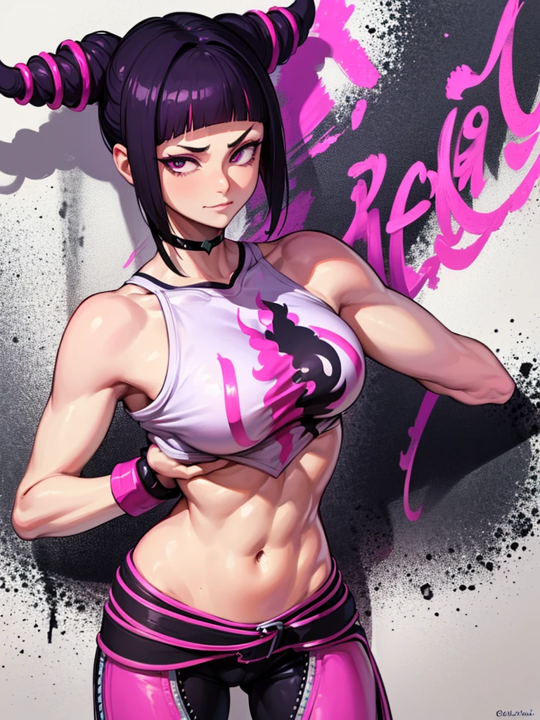 Juri Han,Masterpiece, Best Quality, 1girl, report, crop-top, jean shorts, Choker, (graffiti:1.aint splatter, (Hands Behind Your Back), Against a wall, looking a viewer, A bracelet, thigh strap, Paint on the body, tilt of head, bored, fiery hair color, Rainbow-colored eyes,juri han
sorriso maligna