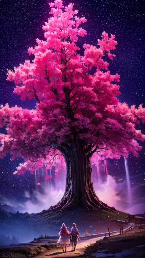 Describe the scene of a giant cherry tree standing on a grassy hill., starry sky,Colorful nebulae and your favorite constellatio...