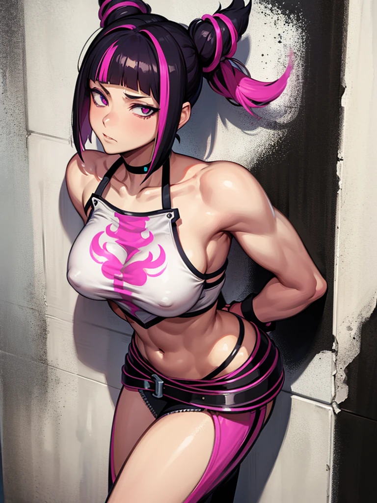 Juri Han,Masterpiece, Best Quality, 1girl, report, crop-top, jean shorts, Choker, (graffiti:1.aint splatter, (Hands Behind Your Back), Against a wall, looking a viewer, A bracelet, thigh strap, Paint on the body, tilt of head, bored, fiery hair color, Rainbow-colored eyes,juri han,olhar malvado
