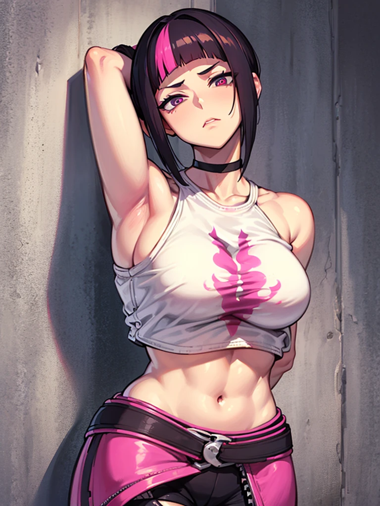 Juri Han,Masterpiece, Best Quality, 1girl, report, crop-top, jean shorts, Choker, (graffiti:1.aint splatter, (Hands Behind Your Back), Against a wall, looking a viewer, A bracelet, thigh strap, Paint on the body, tilt of head, bored, fiery hair color, Rainbow-colored eyes,juri han,olhar malvado
