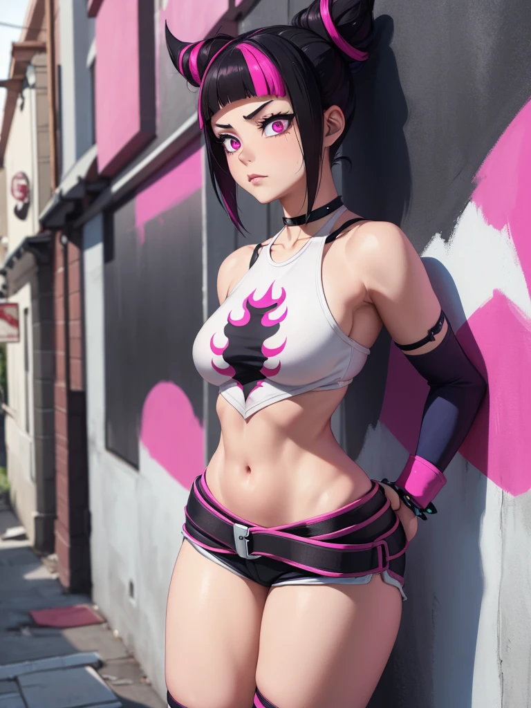 Juri Han,Masterpiece, Best Quality, 1girl, report, crop-top, jean shorts, Choker, (graffiti:1.aint splatter, (Hands Behind Your Back), Against a wall, looking a viewer, A bracelet, thigh strap, Paint on the body, tilt of head, bored, fiery hair color, Rainbow-colored eyes,juri han,rosto yandere,brava
