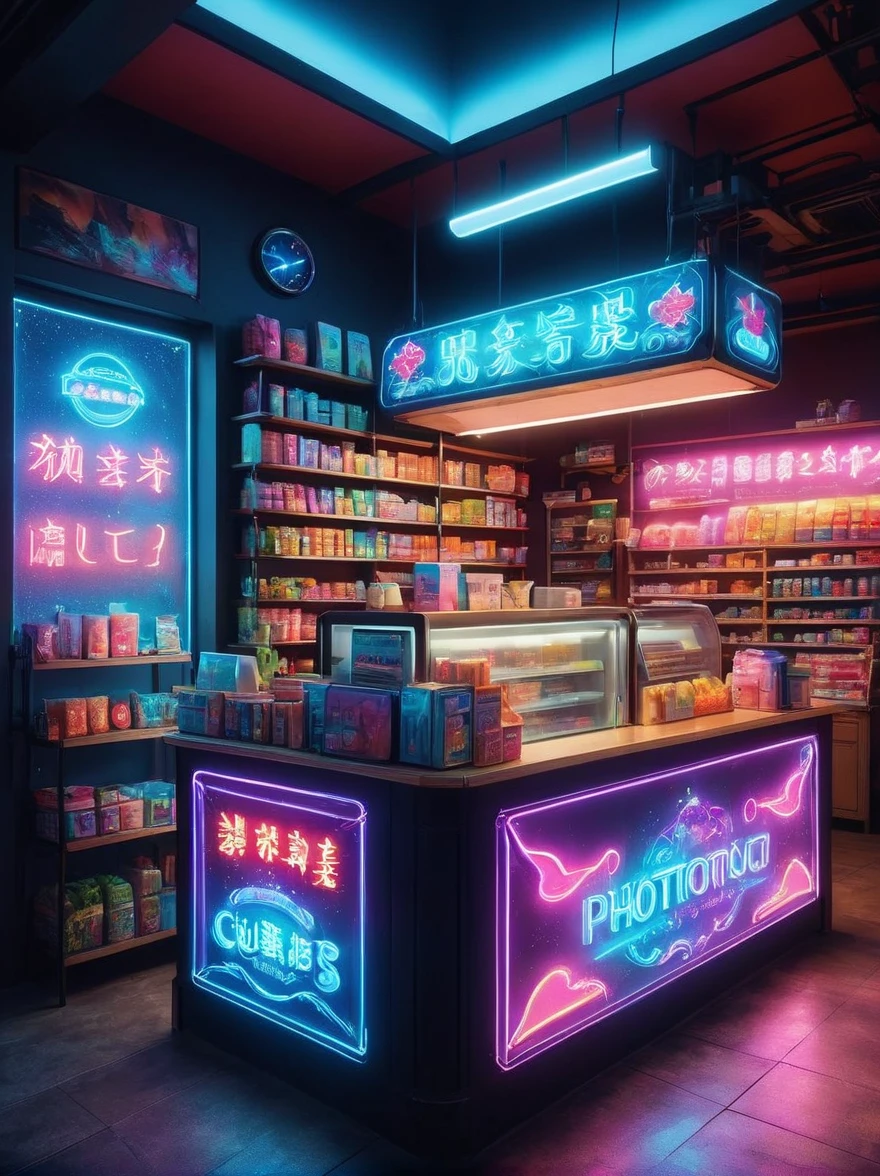 (masterpiece), best quality，(shiny)，(Inside a Van Gogh-style midnight convenience store:1.5), A cute and cheerful midnight convenience store， Dreamy convenience store, (Cute shop assistant is sorting goods:1.6)，(1 female clerk)，Cute cartoon design style, night，Sky，full moon，Vibrant colors，bright，1.4x more realism，ultra high definition，All shown in this beautiful scene，The content is very detailed，Reasonable design，clear lines，high definition，masterpiece，official art，Movie lighting effects，8K