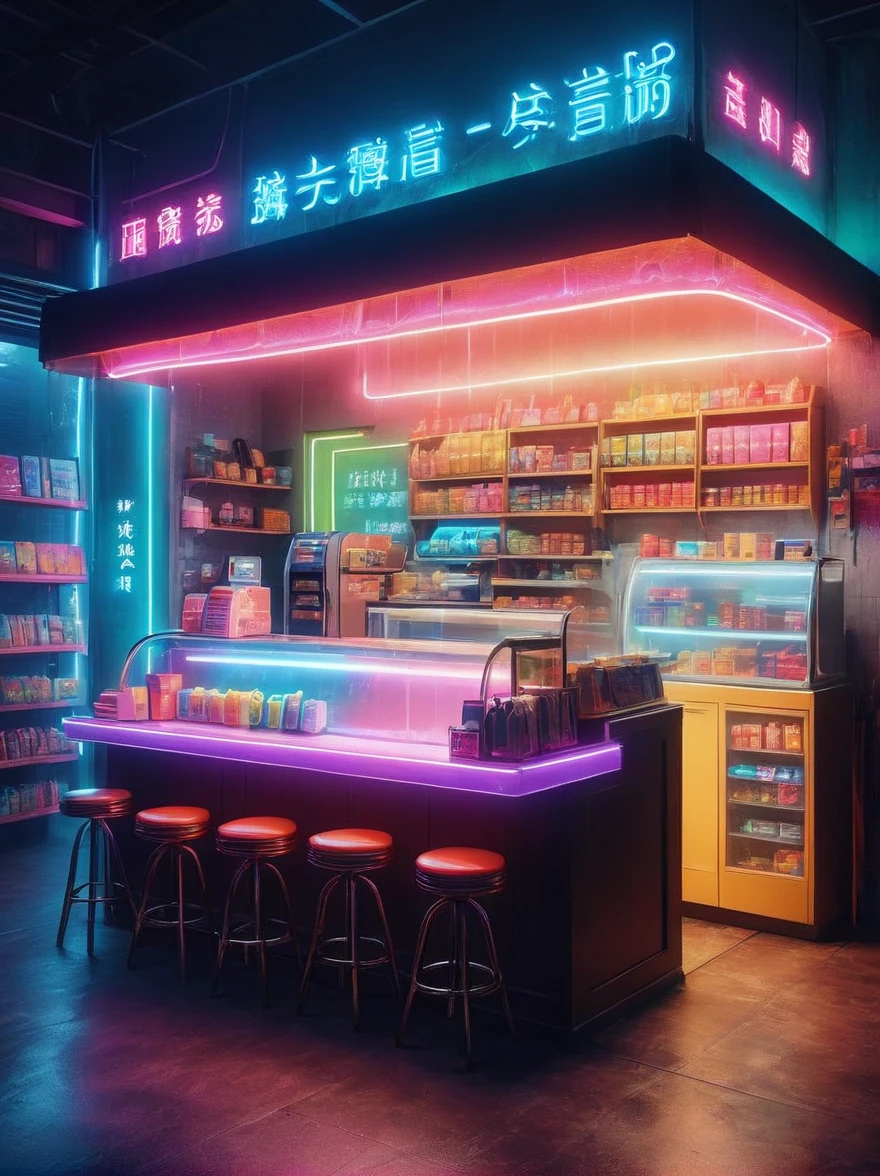 (masterpiece), best quality，(shiny)，(Inside a Van Gogh-style midnight convenience store:1.5), A cute and cheerful midnight convenience store， Dreamy convenience store, (Cute shop assistant is sorting goods:1.6)，(1 female clerk)，Cute cartoon design style, night，Sky，full moon，Vibrant colors，bright，1.4x more realism，ultra high definition，All shown in this beautiful scene，The content is very detailed，Reasonable design，clear lines，high definition，masterpiece，official art，Movie lighting effects，8K