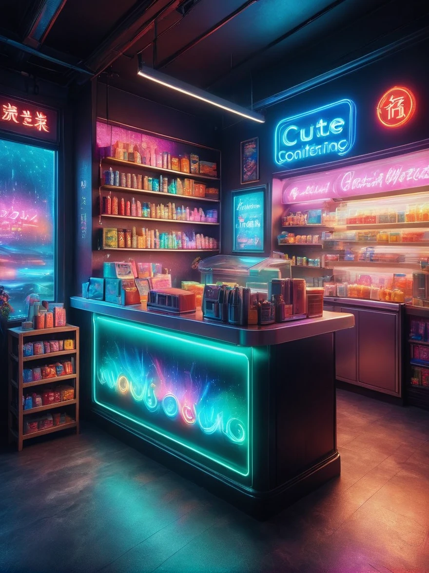 (masterpiece), best quality，(shiny)，(Inside a Van Gogh-style midnight convenience store:1.5), A cute and cheerful midnight convenience store， Dreamy convenience store, (Cute shop assistant is sorting goods:1.6)，(1 female clerk)，Cute cartoon design style, night，Sky，full moon，Vibrant colors，bright，1.4x more realism，ultra high definition，All shown in this beautiful scene，The content is very detailed，Reasonable design，clear lines，high definition，masterpiece，official art，Movie lighting effects，8K