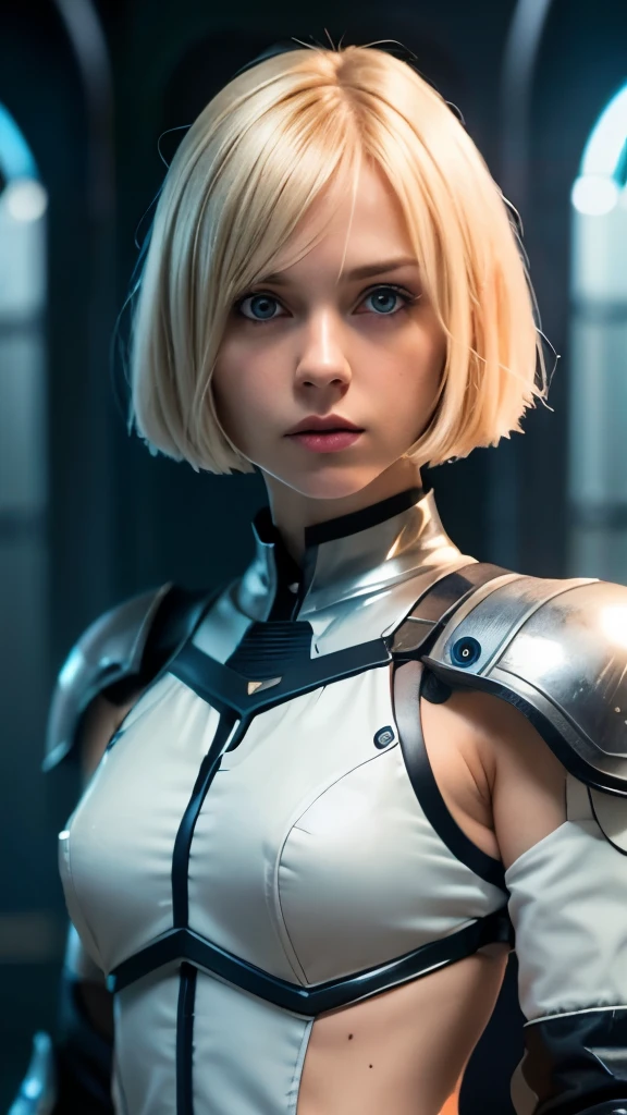 A short straight blonde haired british girl, bang, bob cut, blue eyes, 15 years, young, pale skin, slender body, small breast, tiny chest, Ultra high res, uhd, (photorealistic:1.4), doll-like face, futuristic armor, plasma sword