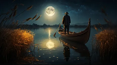 Photography，there is a man that is standing on a boat in the water, fantasy. gondola boat, calm night. Floating in the moonlight...