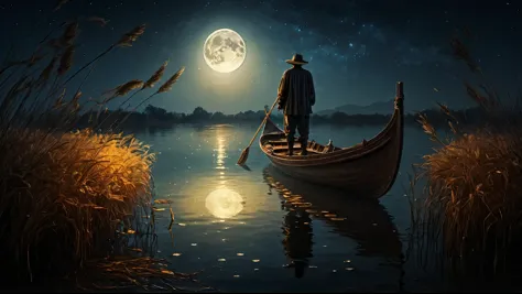 photography，there is a man that is standing on a boat in the water, fantasy. gondola boat, calm night. floating in the moonlight...