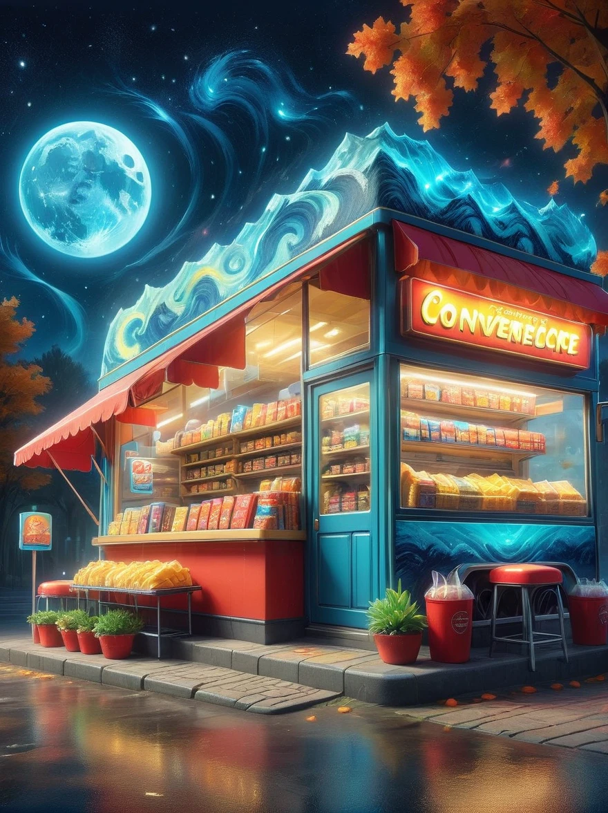 (masterpiece), best quality，(shiny)，(Inside a Van Gogh-style midnight convenience store:1.5), A cute and cheerful midnight convenience store， Dreamy convenience store, (Cute shop assistant is sorting goods:1.6)，(1 female clerk)，Cute cartoon design style, night，Sky，full moon，Vibrant colors，bright，1.4x more realism，ultra high definition，All shown in this beautiful scene，The content is very detailed，Reasonable design，clear lines，high definition，masterpiece，official art，Movie lighting effects，8K