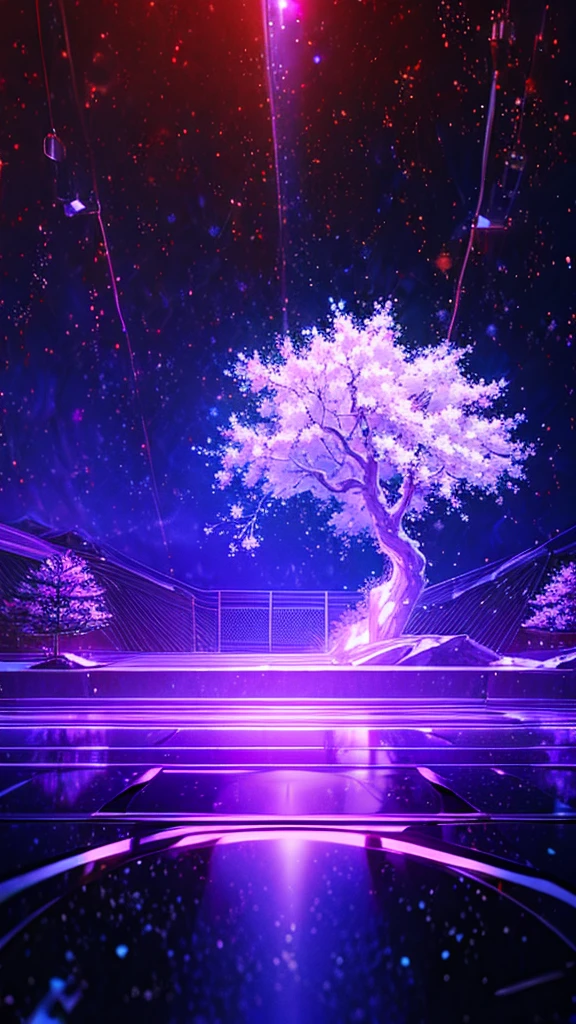 Describe the scene with the giant glowing cherry tree., starry sky,Colorful nebulae and your favorite constellations,There are no people,background only,milky way