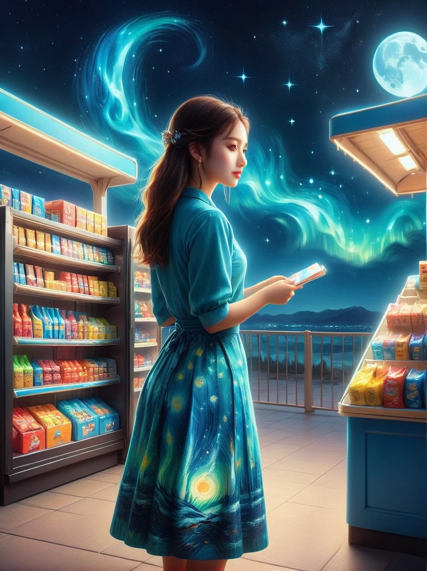 (masterpiece), best quality，(shiny)，(Inside a Van Gogh-style midnight convenience store:1.5), A cute and cheerful midnight convenience store， Dreamy convenience store, (Cute shop assistant is sorting goods:1.6)，(1 female clerk)，Cute cartoon design style, night，Sky，full moon，Vibrant colors，bright，1.4x more realism，ultra high definition，All shown in this beautiful scene，The content is very detailed，Reasonable design，clear lines，high definition，masterpiece，official art，Movie lighting effects，8K