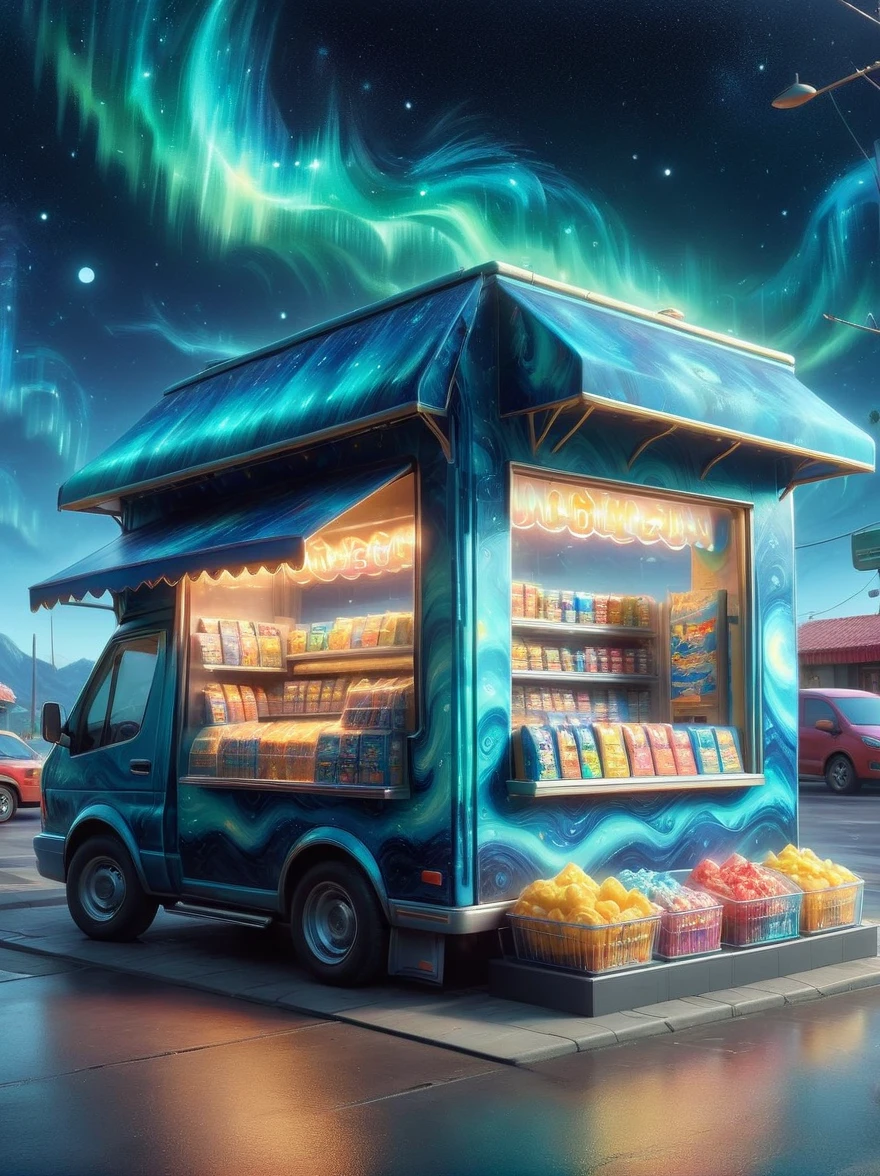 (masterpiece), best quality，(shiny)，(Inside a Van Gogh-style midnight convenience store:1.5), A cute and cheerful midnight convenience store， Dreamy convenience store, (Cute shop assistant is sorting goods:1.6)，(1 female clerk)，Cute cartoon design style, night，Sky，full moon，Vibrant colors，bright，1.4x more realism，ultra high definition，All shown in this beautiful scene，The content is very detailed，Reasonable design，clear lines，high definition，masterpiece，official art，Movie lighting effects，8K