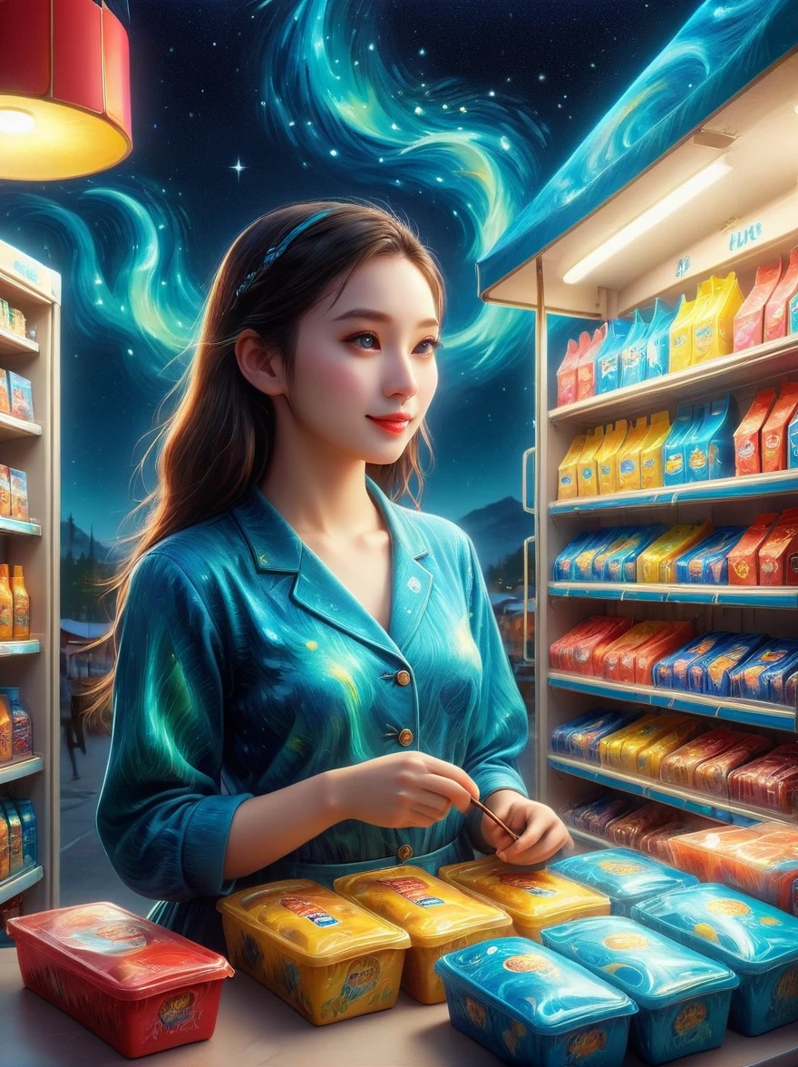 (masterpiece), best quality，(shiny)，(Inside a Van Gogh-style midnight convenience store:1.5), A cute and cheerful midnight convenience store， Dreamy convenience store, (Cute shop assistant is sorting goods:1.6)，(1 female clerk)，Cute cartoon design style, night，Sky，full moon，Vibrant colors，bright，1.4x more realism，ultra high definition，All shown in this beautiful scene，The content is very detailed，Reasonable design，clear lines，high definition，masterpiece，official art，Movie lighting effects，8K