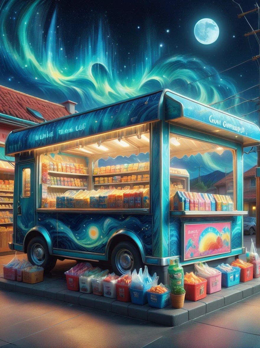 (masterpiece), best quality，(shiny)，(Inside a Van Gogh-style midnight convenience store:1.5), A cute and cheerful midnight convenience store， Dreamy convenience store, (Cute shop assistant is sorting goods:1.6)，(1 female clerk)，Cute cartoon design style, night，Sky，full moon，Vibrant colors，bright，1.4x more realism，ultra high definition，All shown in this beautiful scene，The content is very detailed，Reasonable design，clear lines，high definition，masterpiece，official art，Movie lighting effects，8K