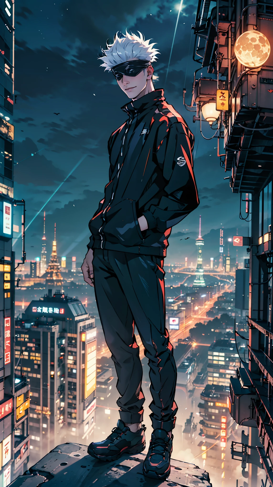 1boy, full body shot, perfect hand and fingers, satoru gojo, blindfold, black outfit, white hair, look at sky, smirk, red and blue moon city night background, wallpaper, cinematic,High resolution 8K, Bright light illumination, lens flare, sharpness, masterpiece, top-quality, The ultra -The high-definition, high resolution, extremely details CG, Anime style, Film Portrait Photography,masterpiece,hyperdetail