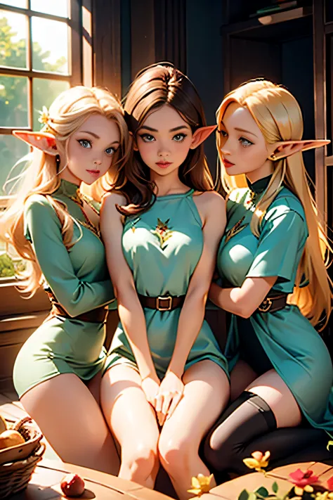 Four girls, elf, pointed ears, shirt, looking at you, Face, Perfect, flower, high quality,  shining, divine, nude, Elven Charact...
