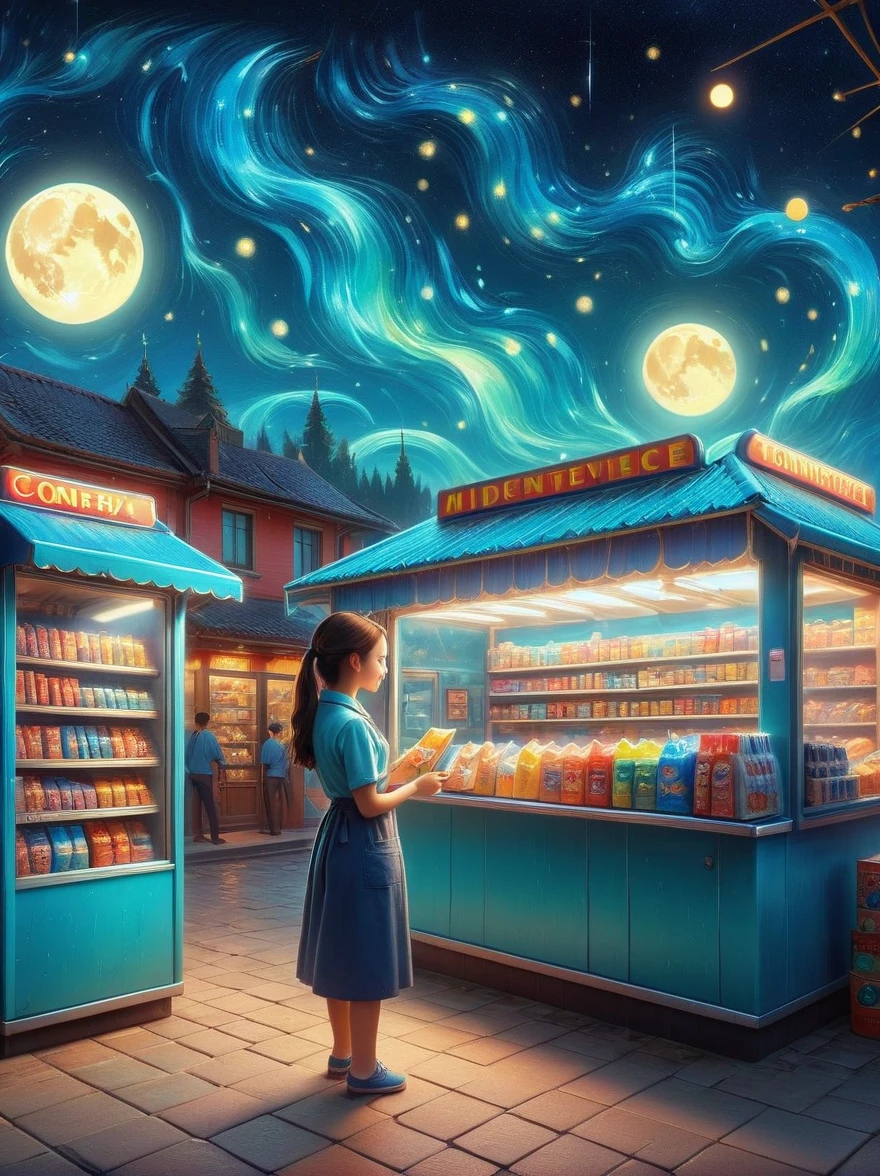 (masterpiece), best quality，(shiny)，(Inside a Van Gogh-style midnight convenience store:1.5), A cute and cheerful midnight convenience store， Dreamy convenience store, (Cute shop assistant is sorting goods:1.6)，(1 female clerk)，Cute cartoon design style, night，Sky，full moon，Vibrant colors，bright，1.4x more realism，ultra high definition，All shown in this beautiful scene，The content is very detailed，Reasonable design，clear lines，high definition，masterpiece，official art，Movie lighting effects，8K