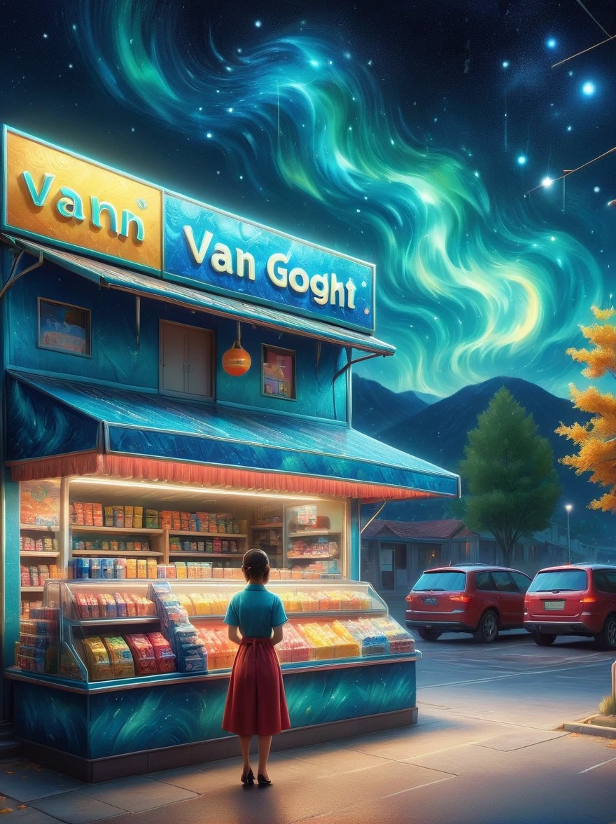 (杰作), 最好的质量，(闪亮的)，(Inside a Van Gogh-style mid夜晚 convenience store:1.5), A cute and cheerful mid夜晚 convenience store， 梦幻便利店, (可爱的店员正在整理商品:1.6)，(1名女办事员)，可爱的卡通设计风格, 夜晚，天空，满月，鲜艳的色彩，明亮的，1.4 倍真实感，ultra 高清，一切都展现在这美丽的场景中，内容很详细，合理设计，清晰的线条，高清，杰作，官方艺术，电影灯光效果，8千