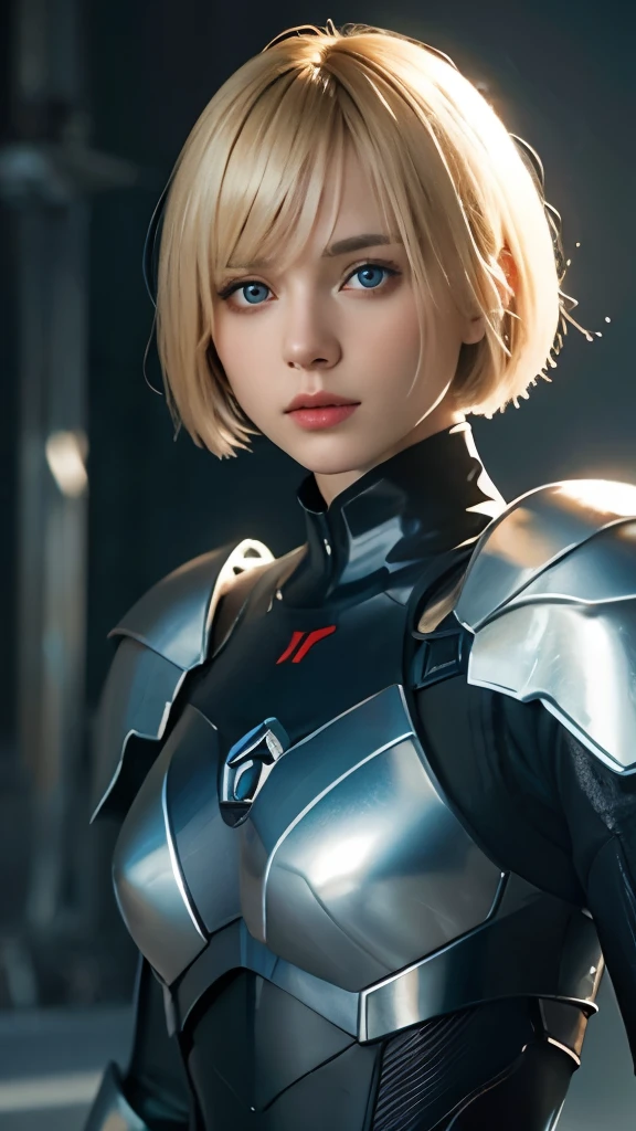 A short straight blonde haired british girl, bang, bob cut, blue eyes, 15 years, young, pale skin, slender body, small breast, tiny chest, Ultra high res, uhd, (photorealistic:1.4), doll-like face, futuristic armor, plasma sword