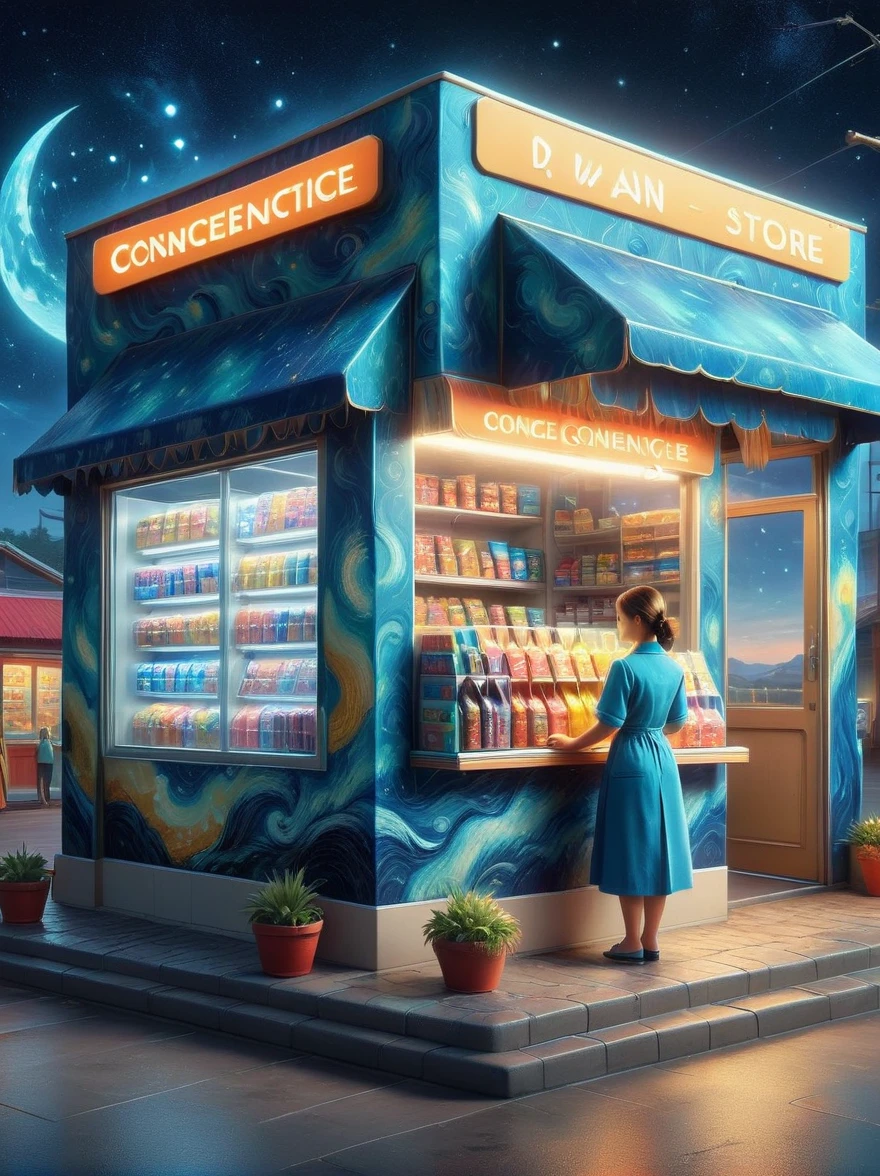 (masterpiece), best quality，(shiny)，(Inside a Van Gogh-style midnight convenience store:1.5), A cute and cheerful midnight convenience store， Dreamy convenience store, (Cute shop assistant is sorting goods:1.6)，(1 female clerk)，Cute cartoon design style, night，Sky，full moon，Vibrant colors，bright，1.4x more realism，ultra high definition，All shown in this beautiful scene，The content is very detailed，Reasonable design，clear lines，high definition，masterpiece，official art，Movie lighting effects，8K