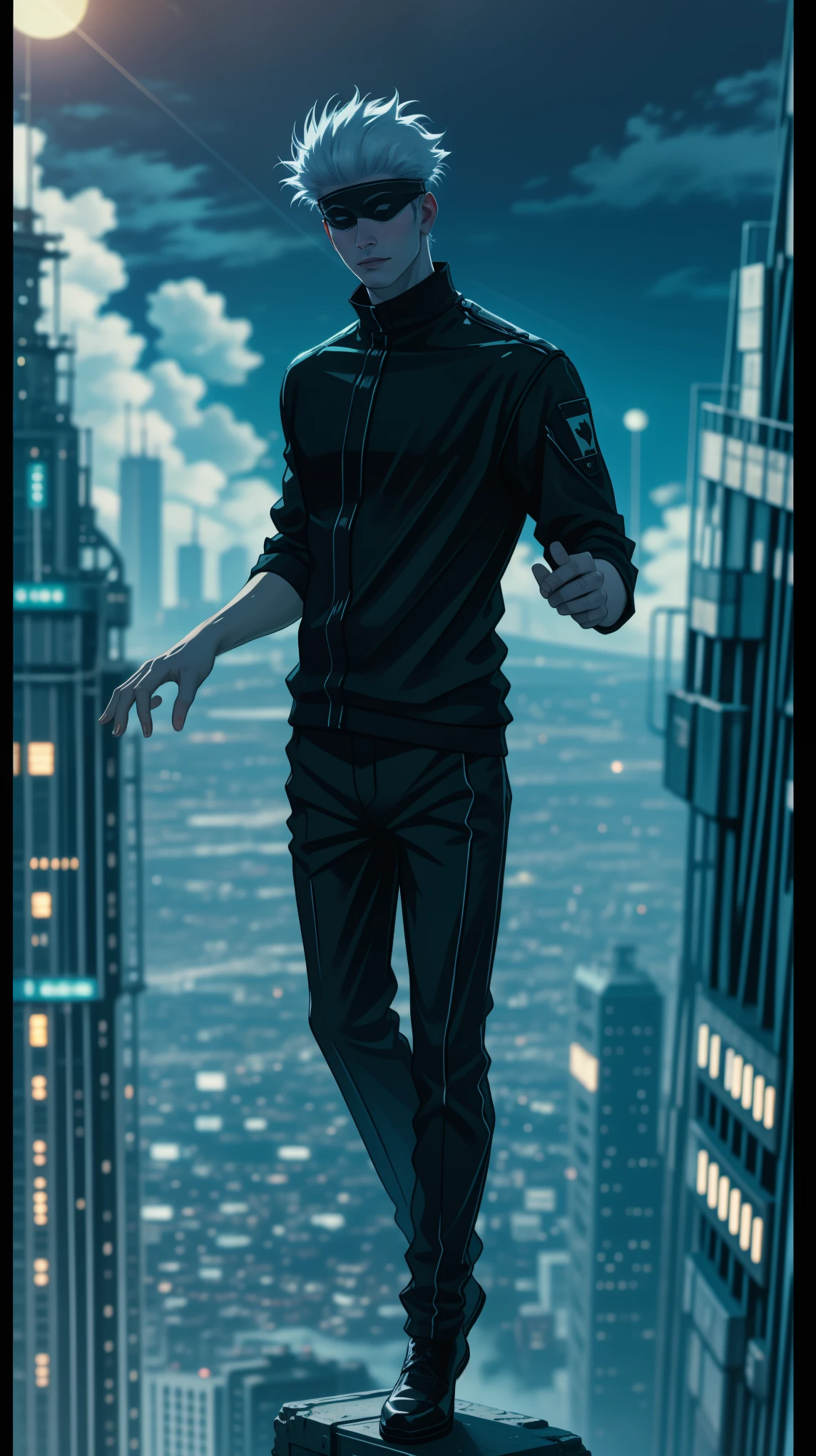 1boy, full body shot, perfect hand and fingers, satoru gojo, blindfold, black outfit, white hair, look at sky, smirk, red and blue moon city night background, wallpaper, cinematic,High resolution 8K, Bright light illumination, lens flare, sharpness, masterpiece, top-quality, The ultra -The high-definition, high resolution, extremely details CG, Anime style, Film Portrait Photography,masterpiece,hyperdetail