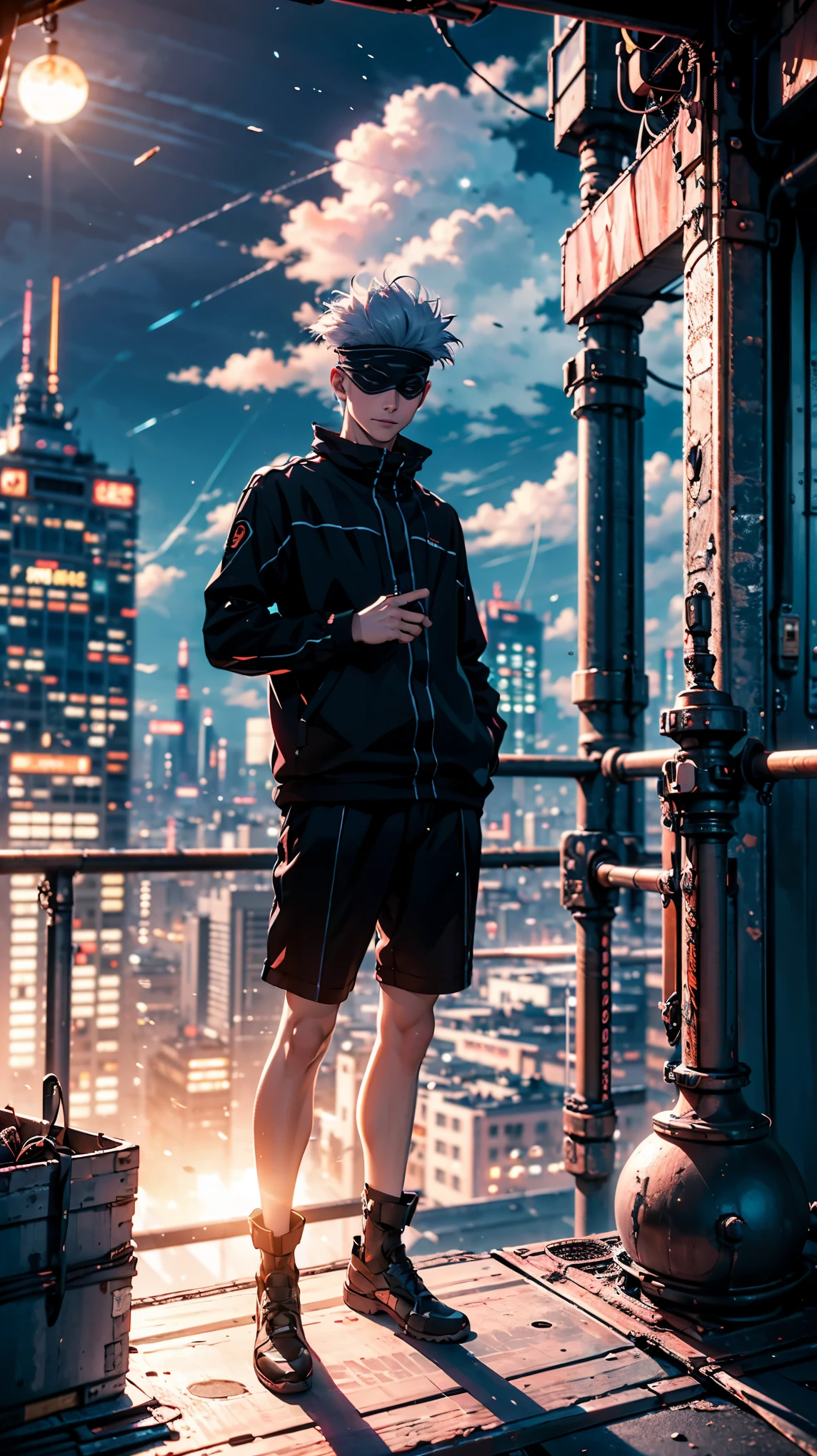 1boy, full body shot, perfect hand and fingers, satoru gojo, blindfold, black outfit, white hair, look at sky, smirk, red and blue moon city night background, wallpaper, cinematic,High resolution 8K, Bright light illumination, lens flare, sharpness, masterpiece, top-quality, The ultra -The high-definition, high resolution, extremely details CG, Anime style, Film Portrait Photography,masterpiece,hyperdetail