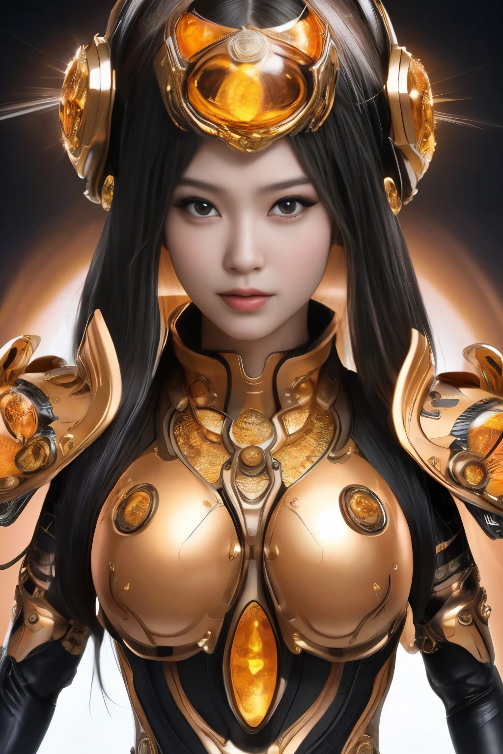 Hyper-realistic portrait of a Japanese girl dressed as Amber Megacypher, intricate and detailed outfit with amber and gold colors, close-up, shallow depth of field, soft lighting, high resolution, accurate representation, unique, creative, well-lit, clear details, Canon EOS R5, 85mm lens, f/1.4, elegant, refined, sophisticated, well-composed, powerful