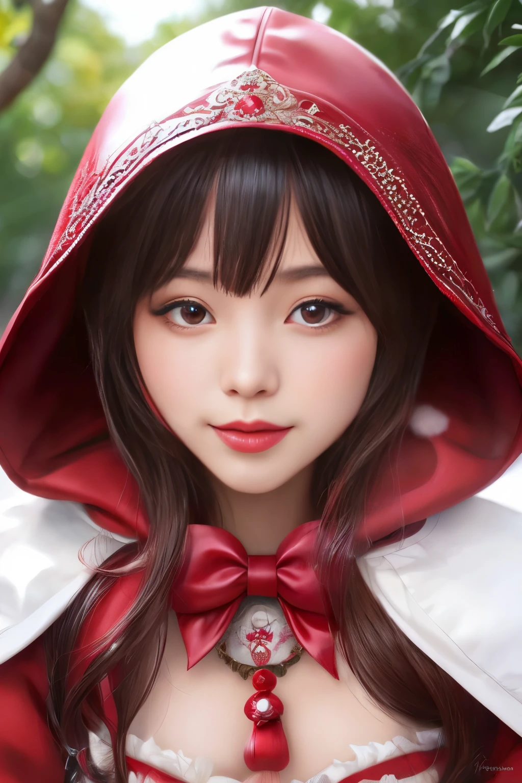 Hyper-realistic portrait of a Japanese girl dressed as Ruby, the Little Red Hood, intricate and detailed red and white outfit, close-up, shallow depth of field, soft natural lighting, high resolution, accurate representation, unique, creative, well-lit, clear details, Canon EOS R5, 100mm lens, f/1.8, elegant, charming, sophisticated, well-composed