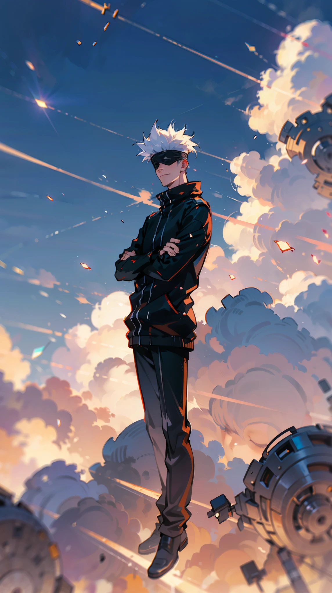 1boy, full body shot, perfect hand and fingers, satoru gojo, blindfold, black outfit, white hair, look at sky, smirk, red and blue moon city night background, wallpaper, cinematic,High resolution 8K, Bright light illumination, lens flare, sharpness, masterpiece, top-quality, The ultra -The high-definition, high resolution, extremely details CG, Anime style, Film Portrait Photography,masterpiece,hyperdetail