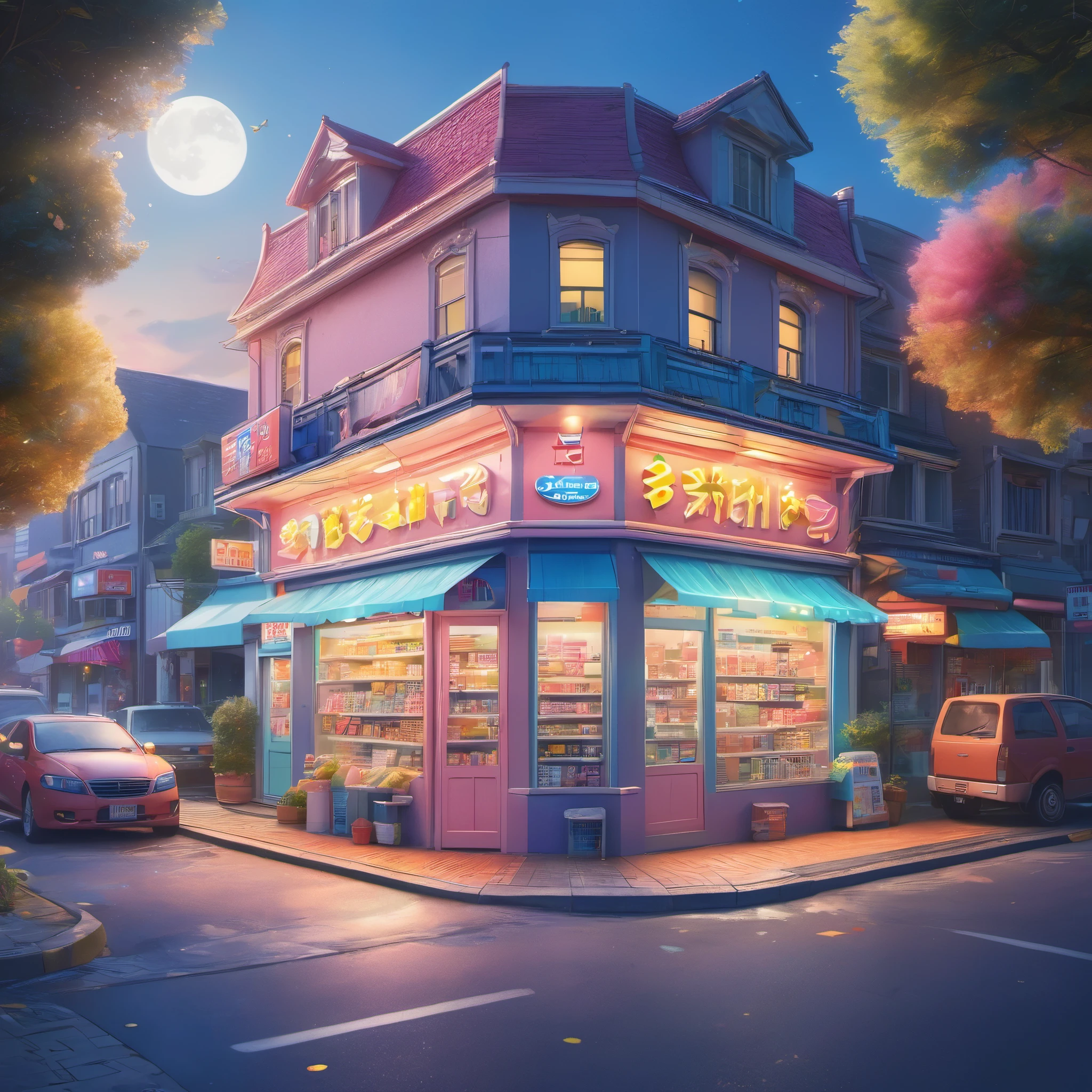 (best quality,4K,8k,High resolution,masterpiece:1.2),super detailed,illustration,(Midnight convenience store:1.2),fantastic colors,pastel colors,whimsical atmosphere，The magical Midnight convenience store，Fantastical colors，Translucent sprites。