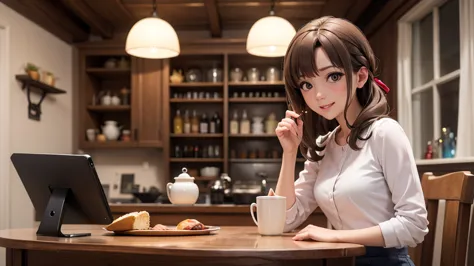 (original photo, best quality), 1 woman, mamako oosuki, natural lighting, upper body, cafes, smile, satosh khan art style