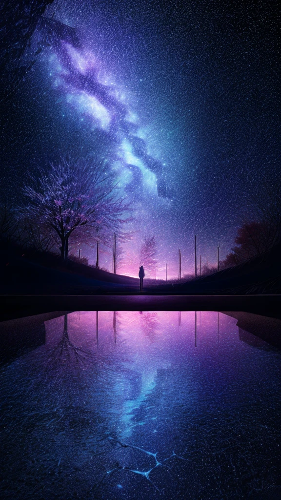 Describe the scene with the giant glowing cherry tree., starry sky,Colorful nebulae and your favorite constellations,There are no people,background only,milky way,Cherry blossom trees