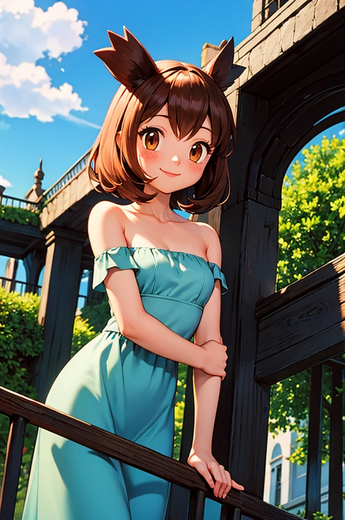 masterpiece, best quality, highres, outdoors, small breasts, 1 girl, Solo, Pokemon Heroes (Bianca), Brown Eyes, Beautiful Detail Eyes, Brown Hair, hands are down, Smile, Blushing, Bare Neck, Bare Shoulders, strapless, White Ruffle Off-the-Shoulder maxi dress. light smile, intricate details, sharp focus, high resolution, sunlight, standing on a railing, outside the Werribee Park Mansion, and a beautiful garden, cowboy shot, blue skies and clouds, cinema lighting