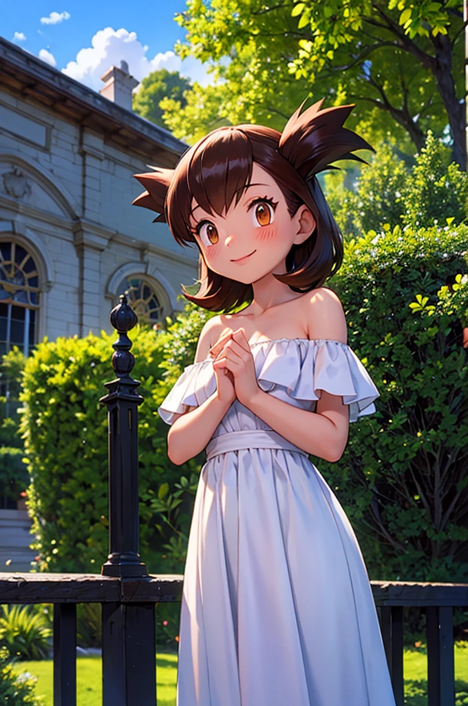 masterpiece, best quality, highres, outdoors, small breasts, 1 girl, Solo, Pokemon Heroes (Bianca), Brown Eyes, Beautiful Detail Eyes, Brown Hair, hands are down, Smile, Blushing, Bare Neck, Bare Shoulders, strapless, White Ruffle Off-the-Shoulder maxi dress. light smile, intricate details, sharp focus, high resolution, sunlight, standing on a railing, outside the Werribee Park Mansion, and a beautiful garden, cowboy shot, blue skies and clouds, cinema lighting