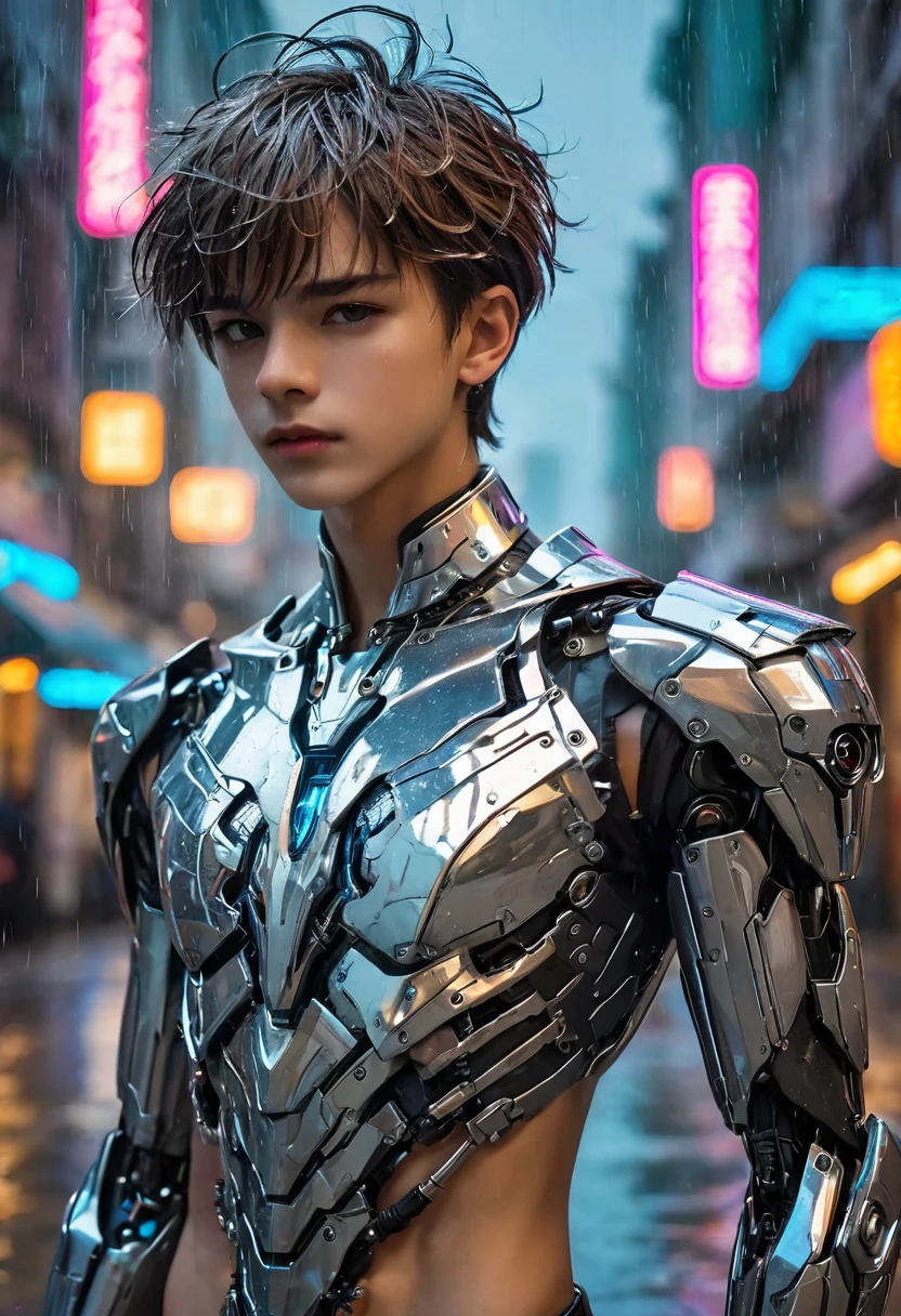 {{master piece}}, best quality, photograph of sexy twink, ((wearing no armor)), ((small flat soft human chest, armor does not cover his soft bare skin on his chest and bare torso, ((exposed flat pectoralis muscles)), handsome detailed eyes, handsome boyish face, detailed cyberpunk city, flat chest, handsome detailed hair, wavy hair, handsome detailed street, mecha clothes, robot boy, cool movement , skinny twink body, {filigree}, dragon wings, colorful background, rainy days, {lightning effect}, beautiful, detailed sliver dragon armor，