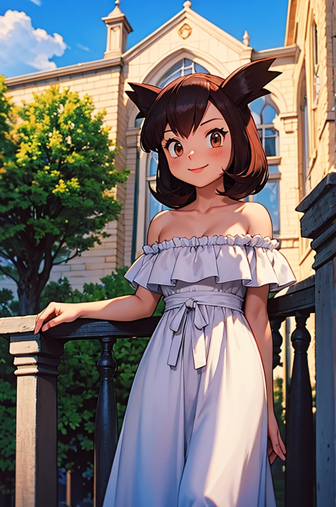 masterpiece, best quality, highres, outdoors, small breasts, 1 girl, Solo, Pokemon Heroes (Bianca), Brown Eyes, Beautiful Detail Eyes, Brown Hair, hands are down, Smile, Blushing, Bare Neck, Bare Shoulders, strapless, White Ruffle Off-the-Shoulder maxi dress. light smile, intricate details, sharp focus, high resolution, sunlight, standing on a railing, outside the Werribee Park Mansion, and a beautiful garden, cowboy shot, blue skies and clouds, cinema lighting