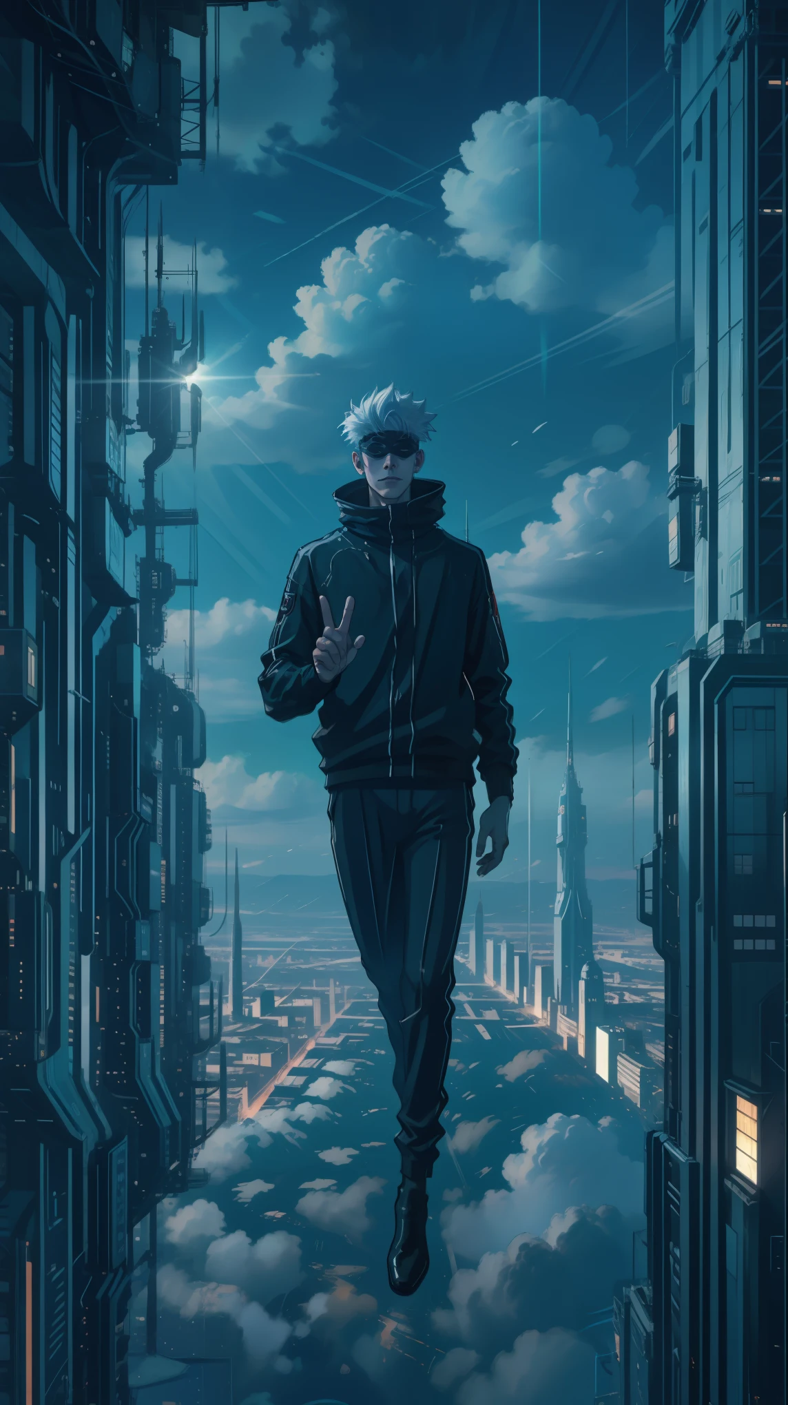 1boy, full body shot, perfect hand and fingers, satoru gojo, blindfold, black outfit, white hair, look at sky, smirk, red and blue moon city night background, wallpaper, cinematic,High resolution 8K, Bright light illumination, lens flare, sharpness, masterpiece, top-quality, The ultra -The high-definition, high resolution, extremely details CG, Anime style, Film Portrait Photography,masterpiece,hyperdetail