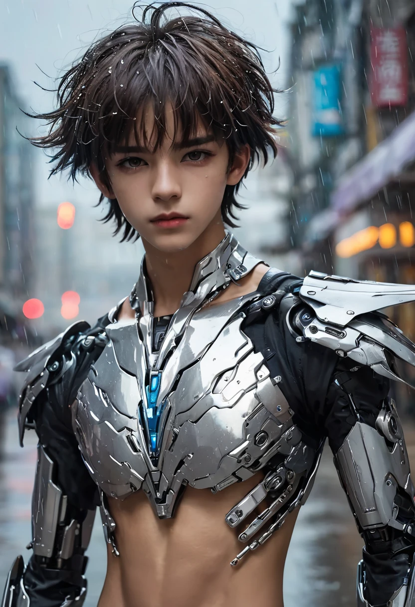 {{master piece}}, best quality, photograph of sexy twink, ((wearing no armor)), ((small flat soft human chest, armor does not cover his soft bare skin on his chest and bare torso, ((exposed flat pectoralis muscles)), handsome detailed eyes, handsome boyish face, detailed cyberpunk city, flat chest, handsome detailed hair, wavy hair, handsome detailed street, mecha clothes, robot boy, cool movement , skinny twink body, {filigree}, dragon wings, colorful background, rainy days, {lightning effect}, beautiful, detailed sliver dragon armor，