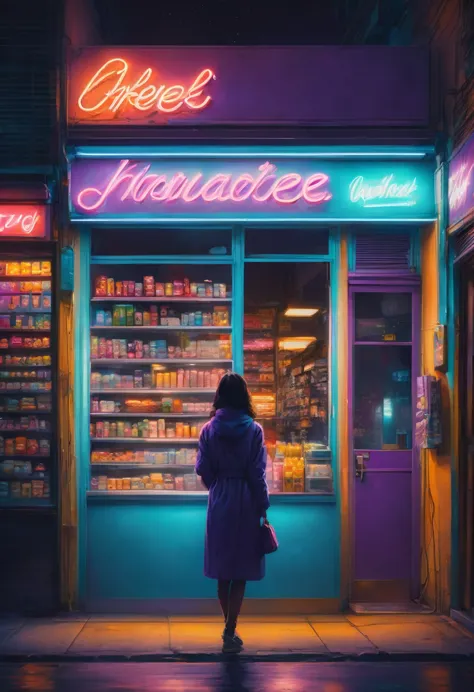 1girl, midnight convenience store, aesthetic, Neon Night page, vibrant city lights, dimly lit shelves full of snacks and drinks,...