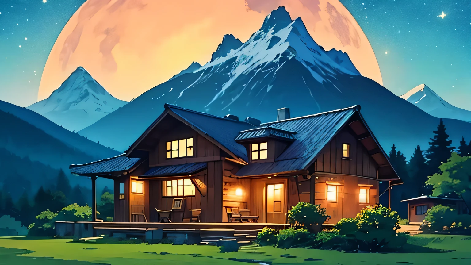 Como una animación de Studio Ghibli、Crea una imagen con un ambiente nostálgico de los 80。El lugar es una casa rural rodeada de montañas en medio de la naturaleza.。La hora es medianoche。Una niña mira el cielo estrellado desde el techo de la casa.。La niña está desde atrás。La temporada es verano。