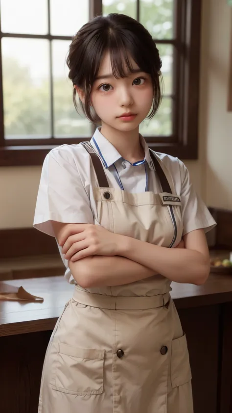 ((sfw: 1.4)), ((detailed face,  professional photography)), ((sfw, chef uniform, extra short hair, sidelocks-hair, 1 Girl)), Ult...