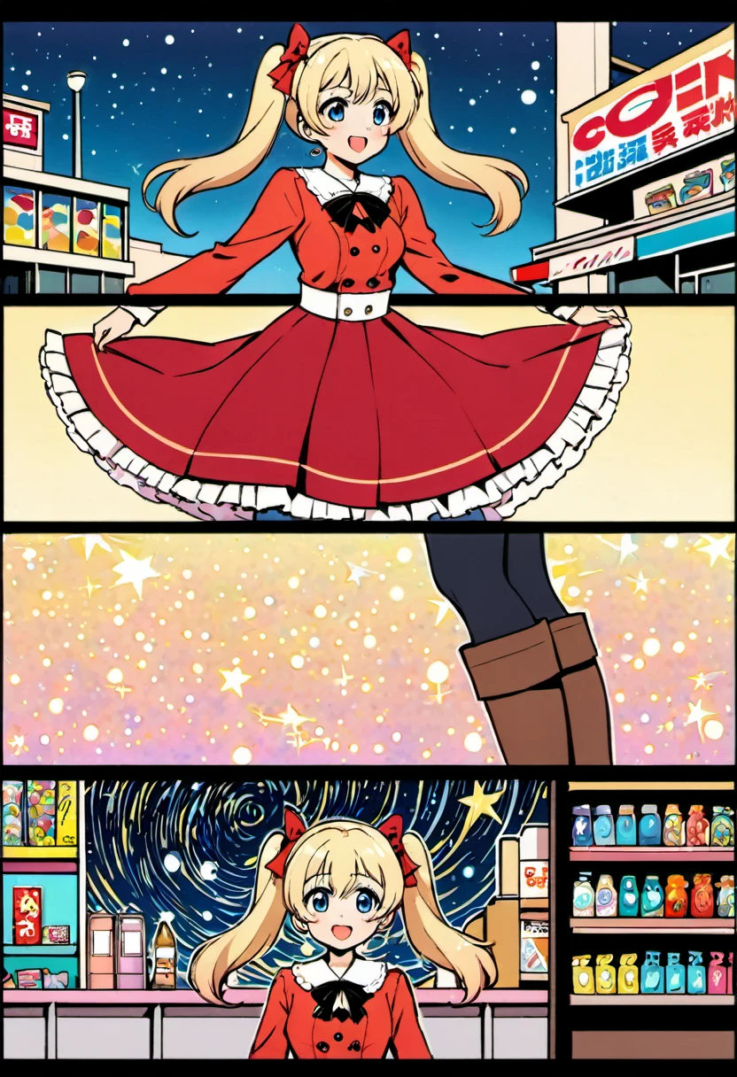 Candy Candy\' by Toei Animation, detailed art style, vintage aesthetic, emotional melodrama, inspired by Keiko Nagita and Yumiko Igarashi's original manga, in a midnight convenience store, starry night, vignettes, comic, dress, blonde_hair, twintails, boots, flower, bow, open_mouth, red_dress, hair_bow, frills, retro_artstyle, ribbon, smile, blue_eyes, long_hair, long_sleeves, full_body