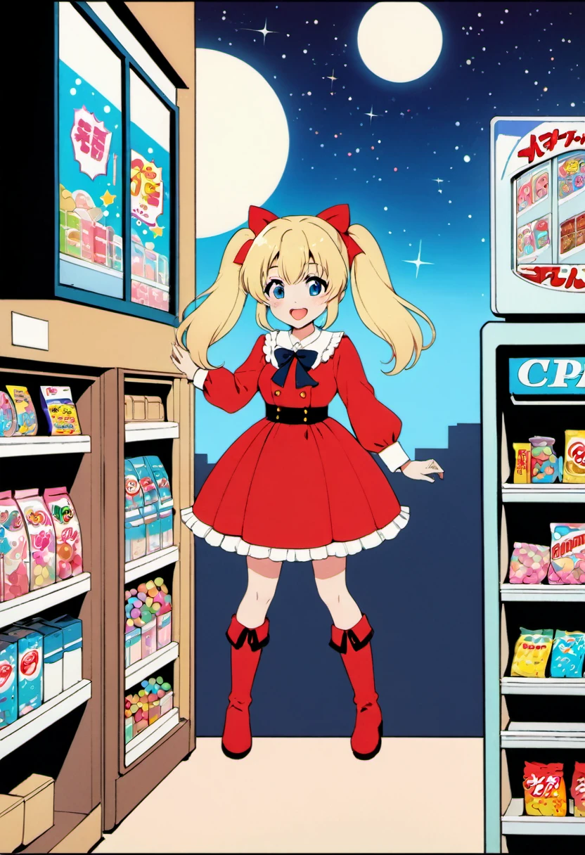 Candy Candy\' by Toei Animation, detailed art style, vintage aesthetic, emotional melodrama, inspired by Keiko Nagita and Yumiko Igarashi's original manga, in a midnight convenience store, starry night, vignettes, comic, dress, blonde_hair, twintails, boots, flower, bow, open_mouth, red_dress, hair_bow, frills, retro_artstyle, ribbon, smile, blue_eyes, long_hair, long_sleeves, full_body