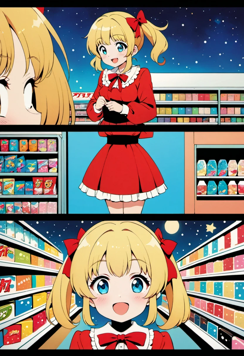 Candy Candy\' by Toei Animation, detailed art style, vintage aesthetic, emotional melodrama, inspired by Keiko Nagita and Yumiko Igarashi's original manga, in a midnight convenience store, starry night, vignettes, comic, dress, blonde_hair, twintails, boots, flower, bow, open_mouth, red_dress, hair_bow, frills, retro_artstyle, ribbon, smile, blue_eyes, long_hair, long_sleeves, full_body