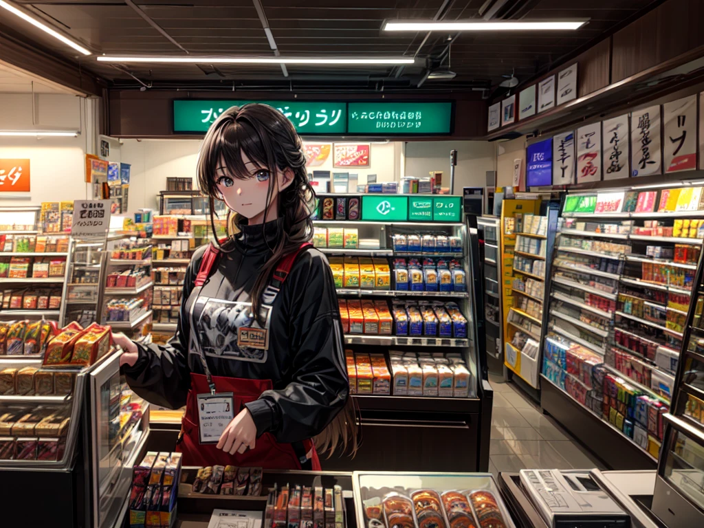 konbini, cashier, monitor, on shelves there are candys, figurines, alchool, ammo boxes, shop, indoors, convenience store at midnight, ultra detailed, masterpiece, best quality, aesthetic, detailed, solo, soft light smile, 1girl, dark green eyes, medium hair, dishevelled light brown hair, french braid, bangs, seller outfits, medium breasts, neon lights, enhancer, detailer, details, backgrounds, detail tweaker