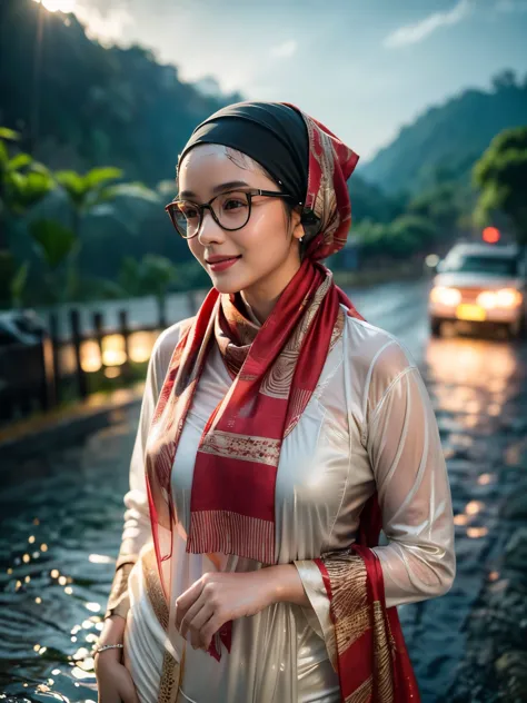 cinematic silhouette of an indonesian girl wearing a hijab and glasses, soaking wet while swimming on the edge of the road at ni...