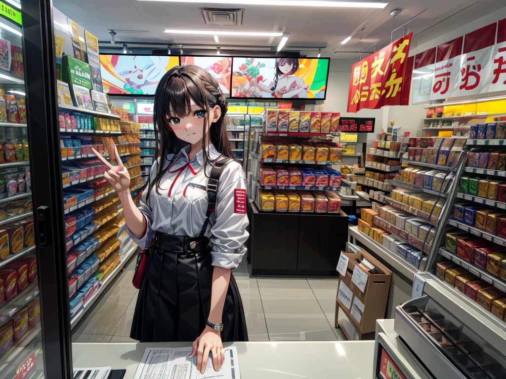 konbini, cashier, monitor, on shelves there are candys, figurines, alchool, ammo boxes, shop, indoors, convenience store at midnight, ultra detailed, masterpiece, best quality, aesthetic, detailed, solo, soft light smile, 1girl, dark green eyes, medium hair, dishevelled light brown hair, french braid, bangs, seller outfits, medium breasts, neon lights, anime on tv behind the seller, enhancer, detailer, details, backgrounds, detail tweaker