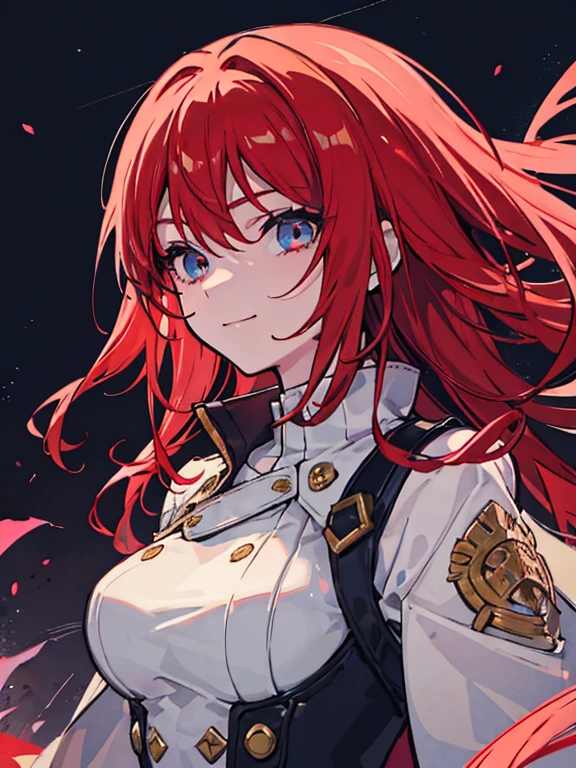 (masterpiece, highest quality,8K quality) adult woman, married woman, red long hair，Tense atmosphere, red long skirt, He carries a long black sheath on his waist., Has a scabbard containing a sword, black long boots, wife, Wearing black mage robes, 50 year old woman looking away, detailed face, fine eyes, 暗赤colorの目, thin droopy eyes, {{{narrow eyes}}}, Long contour, action movie, cute smile, {{{night sky with multiple shining meteors}}}, Red Moon,Moonlight shining in, dawn, straight bangs, great writing background, fantasy background,A town covered with lots of flowers and sand, long red hair ponytail, gothic, big breasts, Knee-high portrait, color, cinematic lighting, highly detailed face, detailed face, beautiful face, beautiful eyes, perfect lighting,parted bangs, written boundary depth, realistic proportions, excellent anatomy,makeup gremory, small details. girl&#39;face,destiny style, Trending on Art Station Pixiv, seductive anime woman, Video game, A soft smile with closed mouth, Beautiful woman, {{{A squishy smile}}}, macross style,Futurism, shining light, UHD, retina, masterpiece, Accurate, anatomically correct,five fingers,白と金colorの髪飾り
