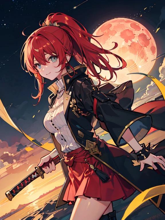 (masterpiece, highest quality,8K quality) adult woman, married woman, red long hair，Tense atmosphere, red long skirt, He carries a long black sheath on his waist., Has a scabbard containing a sword, 黒のロングboots, wife, Wearing black mage robes, 50 year old woman looking away, detailed face, fine eyes, 暗赤colorの目, thin droopy eyes, {{{narrow eyes}}}, Long contour, action movie, cute smile, {{{night sky with multiple shining meteors}}}, Red Moon,Moonlight shining in, dawn, straight bangs, great writing background, fantasy background,A town covered with lots of flowers and sand, 長い赤毛のponytail, gothic, big breasts, Knee-high portrait, color, cinematic lighting, highly detailed face, detailed face, beautiful face, beautiful eyes, perfect lighting,parted bangs, written boundary depth, realistic proportions, excellent anatomy,makeup gremory, small details. girl&#39;face,destiny style, Trending on Art Station Pixiv, seductive anime woman, Video game, A soft smile with closed mouth, Beautiful woman, {{{A squishy smile}}}, macross style,Futurism, shining light, UHD, retina, masterpiece, Accurate, anatomically correct,five fingers,白と金colorの髪飾り,boots,ponytail、Bushy hair