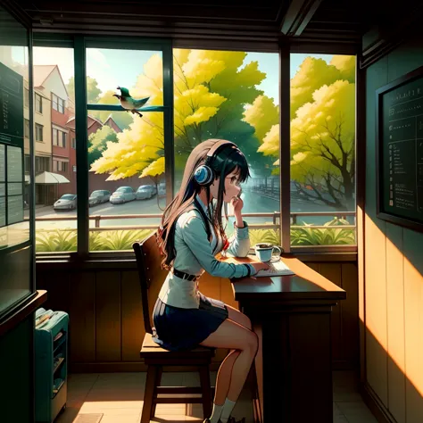 in a stylish cafe、a high school girl sitting at the counter is listening to music with headphones。she has her study materials li...